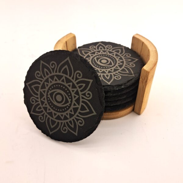 podstawki z łupka z mandalą – zestaw 6 szt. + stojak