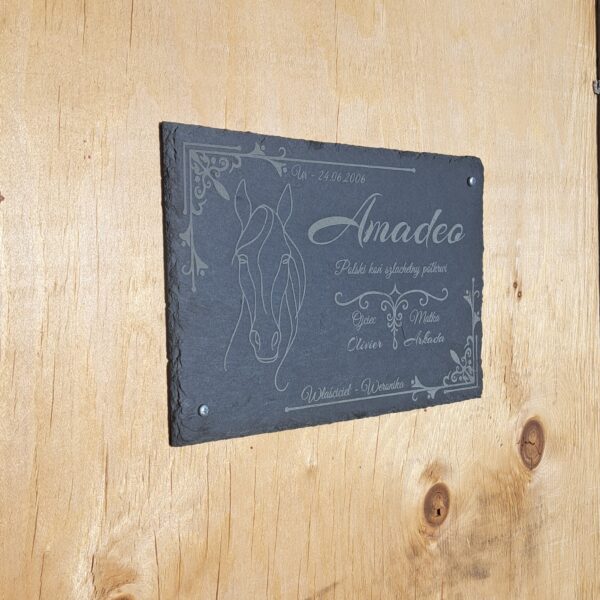 tabliczka na boks z łupka 11×30 cm z grawerem – imię konia, właściciel, data urodzenia