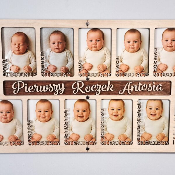 ramka pierwszy roczek – drewniana składana 77×36 cm na 14 zdjęć