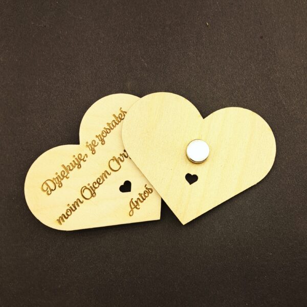 podziękowanie dla chrzestnych – magnesy ze sklejki serce 10×8 cm z imieniem dziecka
